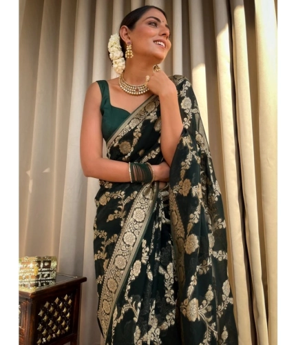 Women's Silk Printed Saree With Unstitched Blouse 5.5Mtr (Dark Green)