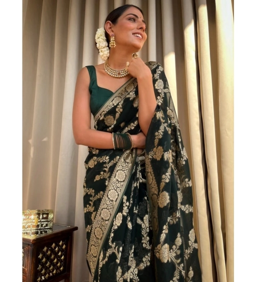 Women's Silk Printed Saree With Unstitched Blouse 5.5Mtr (Dark Green)