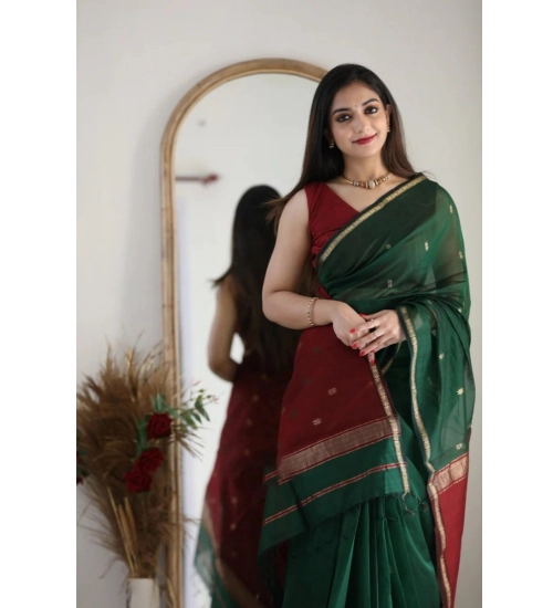 Women's Cotton  Printed Saree With Unstitched Blouse 5.5Mtr (Dark Green)