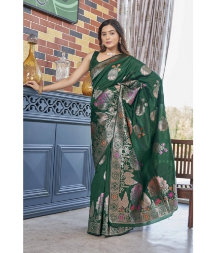 Women's Silk Printed Saree With Unstitched Blouse 5.5Mtr (Green)
