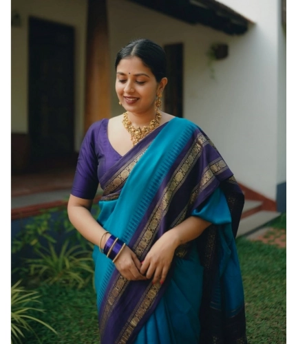 Women's Silk Printed Saree With Unstitched Blouse 5.5Mtr (Blue) Women's Silk Printed Saree With Unstitched Blouse 5.5Mtr (Blue)