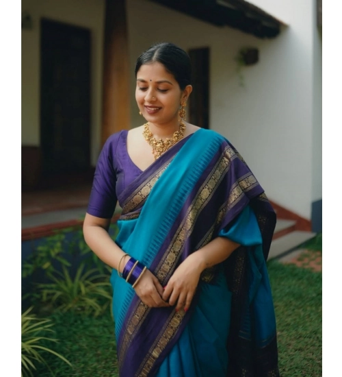 Women's Silk Printed Saree With Unstitched Blouse 5.5Mtr (Blue)