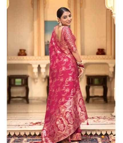Women's Silk Printed Saree With Unstitched Blouse 5.5Mtr (Pink) Women's Silk Printed Saree With Unstitched Blouse 5.5Mtr (Pink)