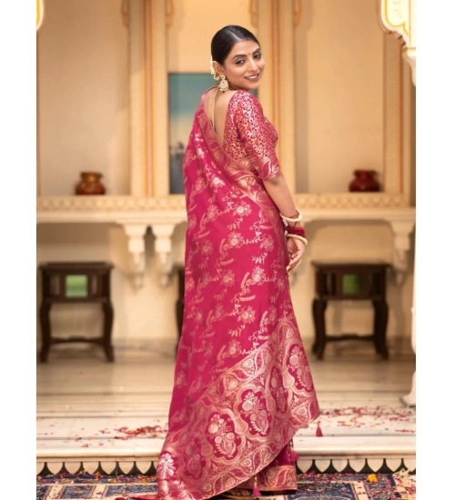 Women's Silk Printed Saree With Unstitched Blouse 5.5Mtr (Pink)