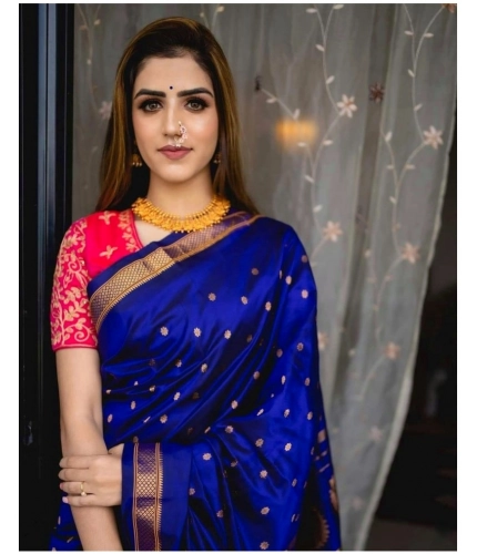 Women's Silk Printed Saree With Unstitched Blouse 5.5Mtr (Blue)