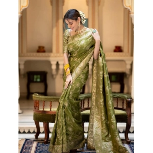 Generic Women's Silk Printed Saree With Unstitched Blouse 5.5Mtr (Olive Green)