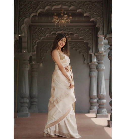 Women's Cotton  Printed Saree With Unstitched Blouse 5.5Mtr (Cream)