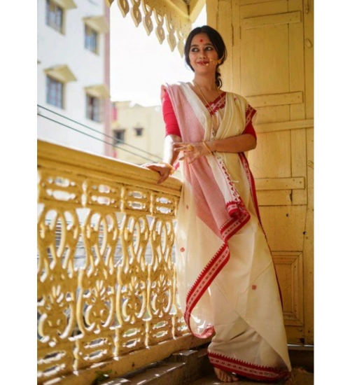 Women's Cotton  Printed Saree With Unstitched Blouse 5.5Mtr (White)