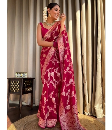 Women's Silk Printed Saree With Unstitched Blouse 5.5Mtr (Pink)