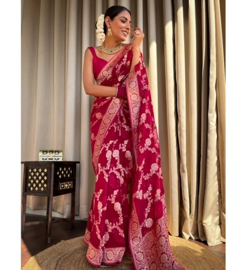 Women's Silk Printed Saree With Unstitched Blouse 5.5Mtr (Pink)