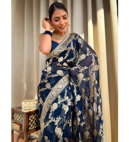 Women's Silk Printed Saree With Unstitched Blouse 5.5Mtr (Dark Blue)