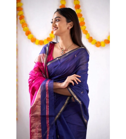 Women's Cotton  Printed Saree With Unstitched Blouse 5.5Mtr (Blue)