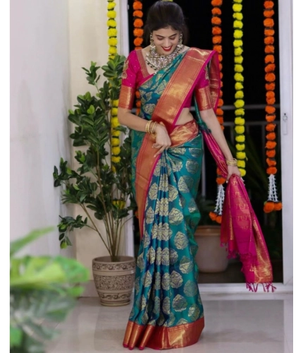 Women's Silk Printed Saree With Unstitched Blouse 5.5Mtr (Teal Blue) Women's Silk Printed Saree With Unstitched Blouse 5.5Mtr (Teal Blue)