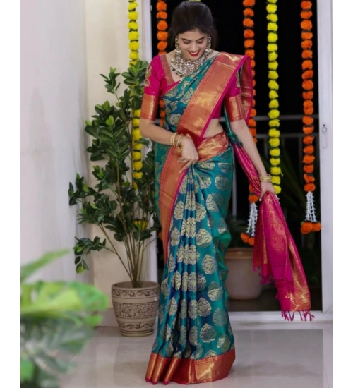 Women's Silk Printed Saree With Unstitched Blouse 5.5Mtr (Teal Blue)