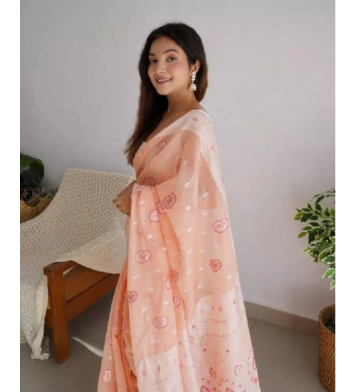 Women's Cotton  Printed Saree With Unstitched Blouse 5.5Mtr (Peach)