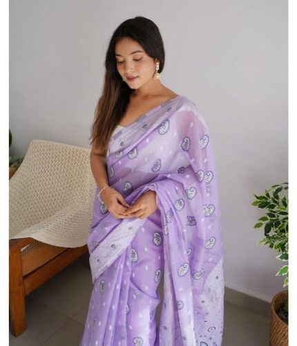 Women's Cotton Printed Saree With Unstitched Blouse 5.5Mtr (Lavender) Women's Cotton Printed Saree With Unstitched Blouse 5.5Mtr (Lavender)
