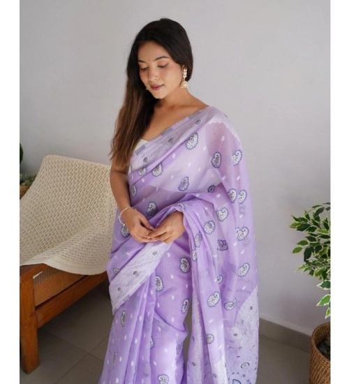 Women's Cotton  Printed Saree With Unstitched Blouse 5.5Mtr (Lavender)