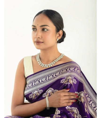 Women's Silk Printed Saree With Unstitched Blouse 5.5Mtr (Purple)