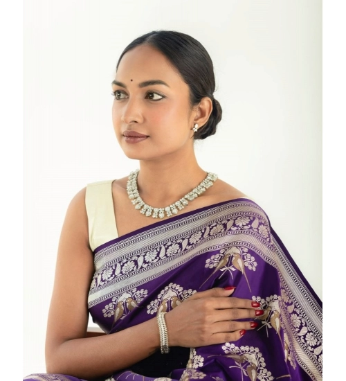 Women's Silk Printed Saree With Unstitched Blouse 5.5Mtr (Purple)