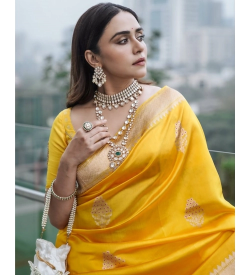 Women's Silk Printed Saree With Unstitched Blouse 5.5Mtr (Yellow)