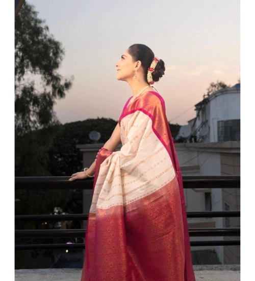 Women's Silk Printed Saree With Unstitched Blouse 5.5Mtr (White-Pink)