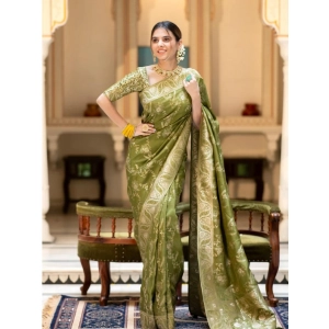 Generic Women's Silk Printed Saree With Unstitched Blouse 5.5Mtr (Olive Green)