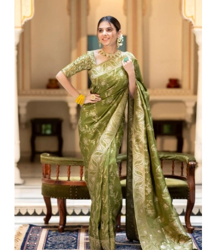 Women's Silk Printed Saree With Unstitched Blouse 5.5Mtr (Olive Green) Women's Silk Printed Saree With Unstitched Blouse 5.5Mtr (Olive Green)