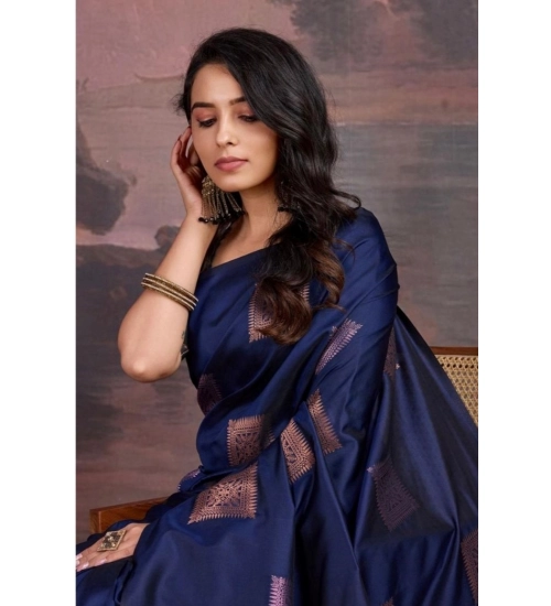 Women's Silk Printed Saree With Unstitched Blouse 5.5Mtr (Navy Blue)