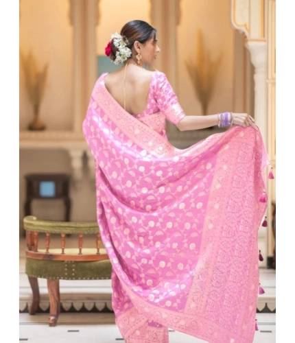 Women's Silk Printed Saree With Unstitched Blouse 5.5Mtr (Pink)