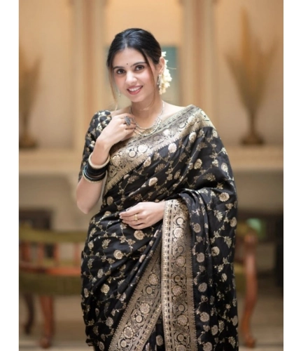 Women's Silk Printed Saree With Unstitched Blouse 5.5Mtr (Black)