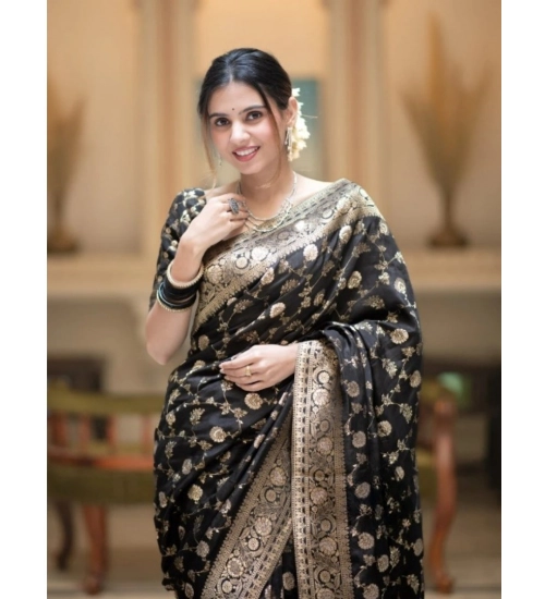 Women's Silk Printed Saree With Unstitched Blouse 5.5Mtr (Black)