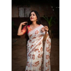 Generic Women's Silk Printed Saree With Unstitched Blouse 5.5Mtr (White-Orange)