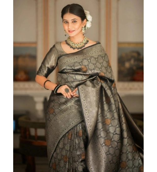 Women's Silk Printed Saree With Unstitched Blouse 5.5Mtr (Black)