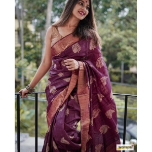 Generic Women's Silk Printed Saree With Unstitched Blouse 5.5Mtr (Purple)