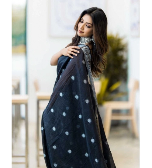 Women's Cotton  Printed Saree With Unstitched Blouse 5.5Mtr (Black)