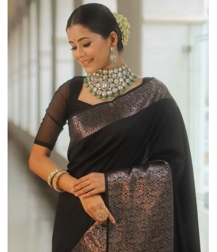 Women's Silk Printed Saree With Unstitched Blouse 5.5Mtr (Black)