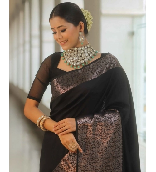 Women's Silk Printed Saree With Unstitched Blouse 5.5Mtr (Black)