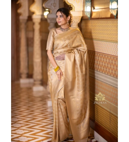 Women's Silk Printed Saree With Unstitched Blouse 5.5Mtr (Cream)