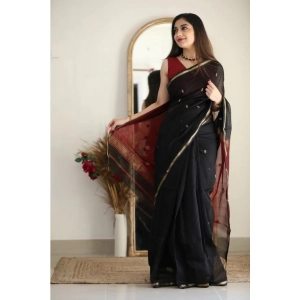 Generic Women's Cotton  Printed Saree With Unstitched Blouse 5.5Mtr (Black)