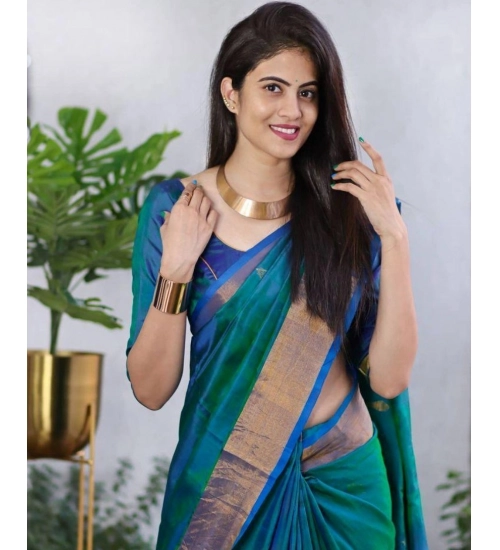 Women's Silk Printed Saree With Unstitched Blouse 5.5Mtr (Blue)