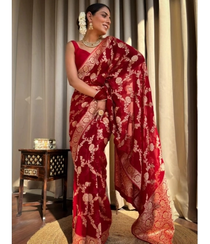 Women's Silk Printed Saree With Unstitched Blouse 5.5Mtr (Red) Women's Silk Printed Saree With Unstitched Blouse 5.5Mtr (Red)