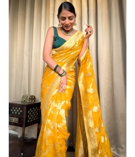 Women's Silk Printed Saree With Unstitched Blouse 5.5Mtr (Gold Yellow)