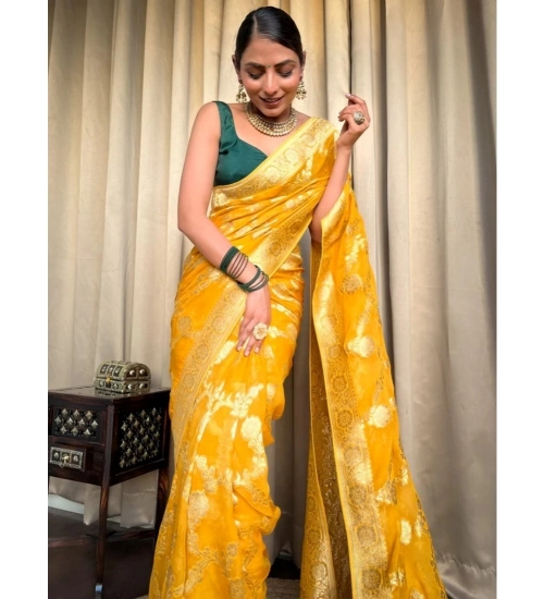 Women's Silk Printed Saree With Unstitched Blouse 5.5Mtr (Gold Yellow)