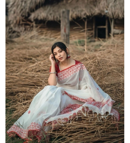 Women's Cotton  Printed Saree With Unstitched Blouse 5.5Mtr (White-Red)