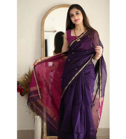 Women's Cotton  Printed Saree With Unstitched Blouse 5.5Mtr (Navy Blue)