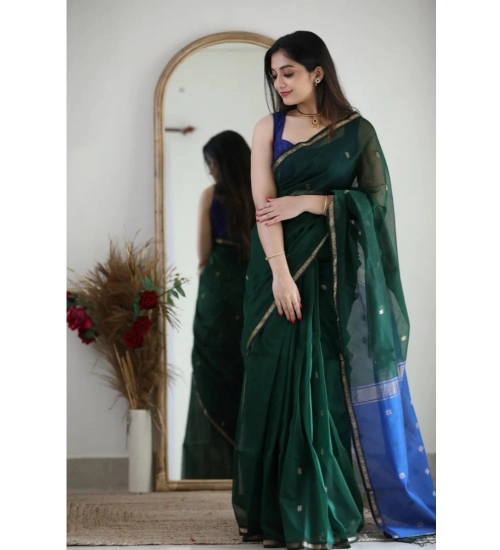 Women's Cotton  Printed Saree With Unstitched Blouse 5.5Mtr (Green)