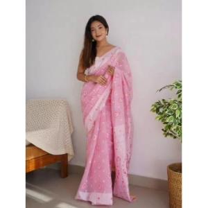 Generic Women's Cotton  Printed Saree With Unstitched Blouse 5.5Mtr (Pink)