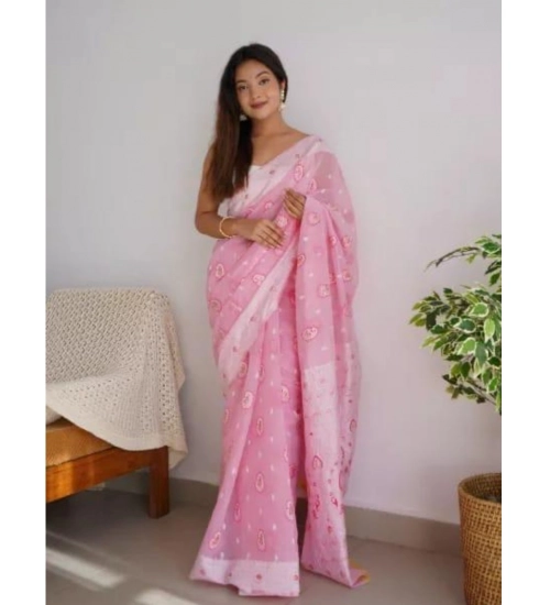 Women's Cotton  Printed Saree With Unstitched Blouse 5.5Mtr (Pink)