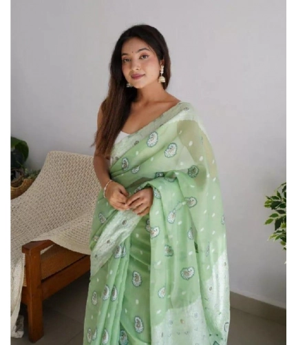 Women's Cotton Printed Saree With Unstitched Blouse 5.5Mtr (Pista) Women's Cotton Printed Saree With Unstitched Blouse 5.5Mtr (Pista)
