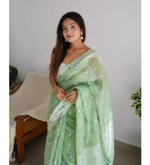 Women's Cotton  Printed Saree With Unstitched Blouse 5.5Mtr (Pista)